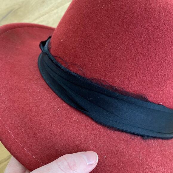 Rag & Bone Wool Fedora Hat in Red with Black Band - Picture 2 of 4